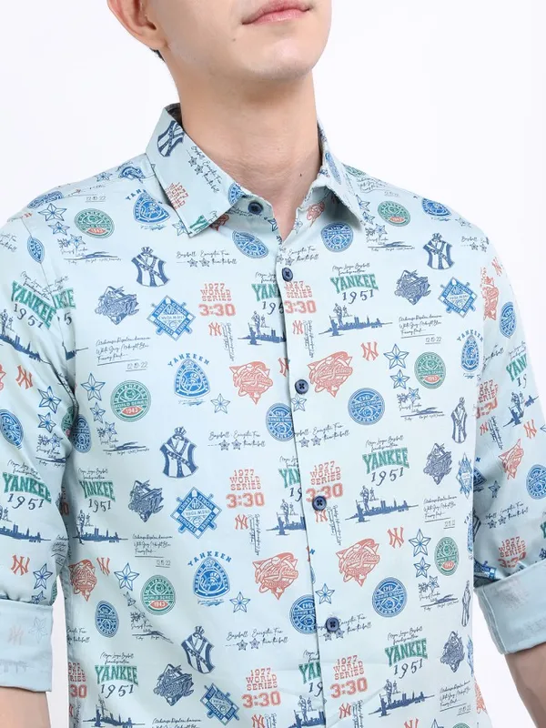 Highlander Men Blue Printed Slim Fit Casual Shirt