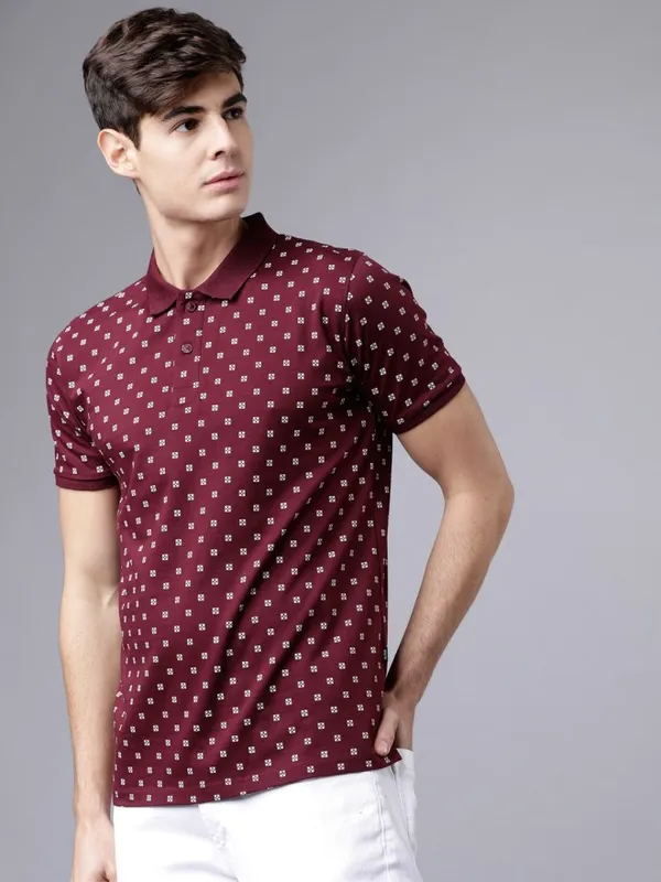 Highlander Men Maroon Polo Collar Printed Polo Collar T-Shirt