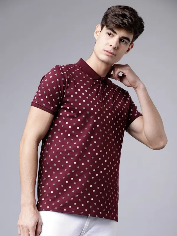 Highlander Men Maroon Polo Collar Printed Polo Collar T-Shirt