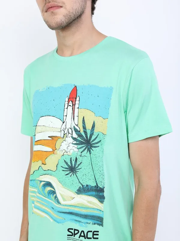 Highlander Men Green Printed Round Neck Slim Fit T-Shirt