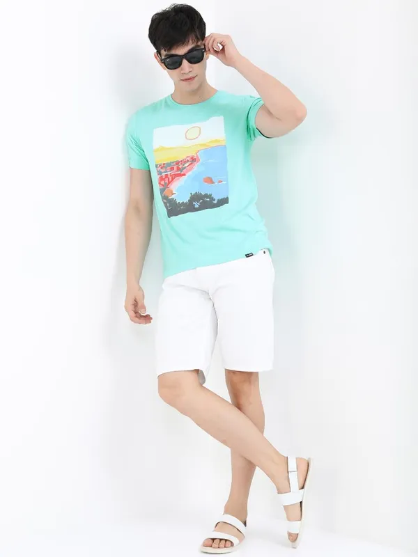 Highlander Men Blue Printed Round Neck Slim Fit T-Shirt