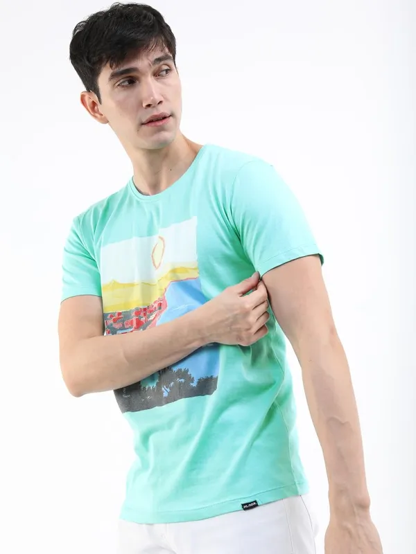 Highlander Men Blue Printed Round Neck Slim Fit T-Shirt