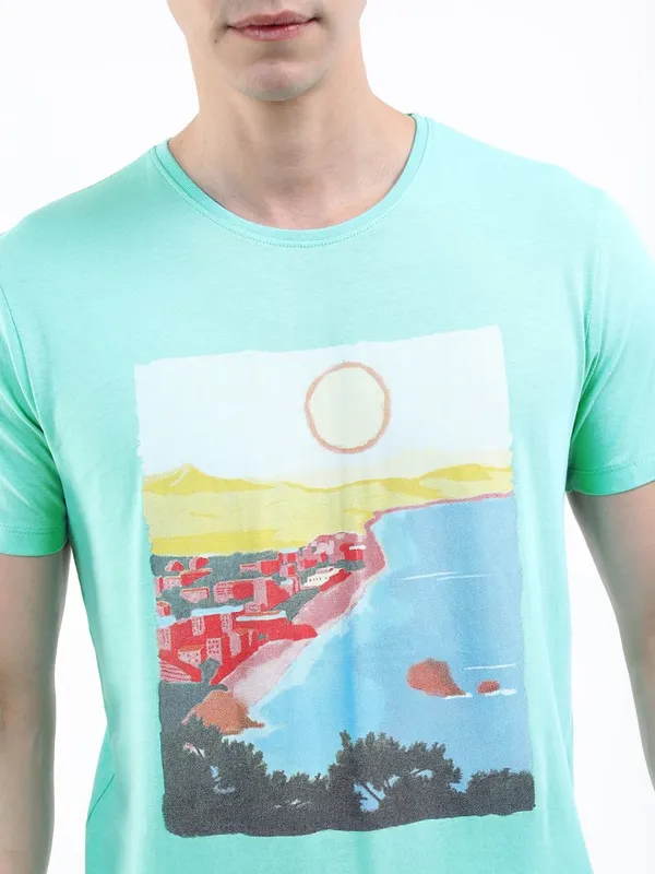 Highlander Men Blue Printed Round Neck Slim Fit T-Shirt