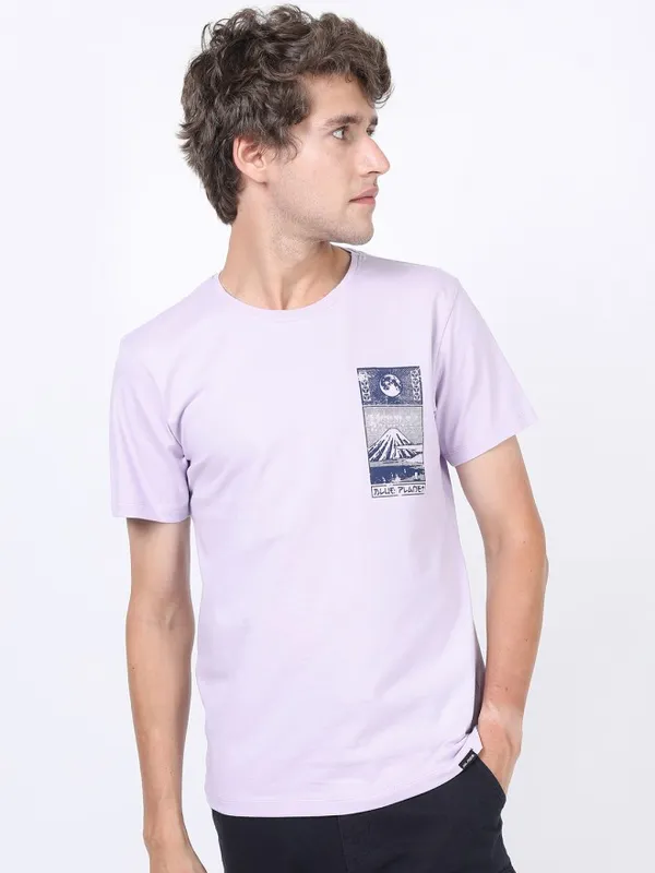 Highlander Men Purple Printed Round Neck Slim Fit T-Shirt