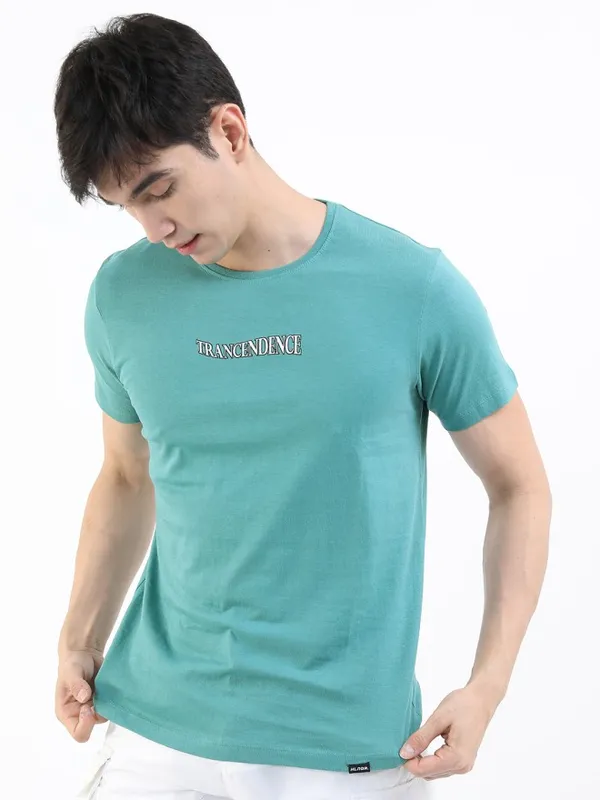 Highlander Men Teal Printed Round Neck Slim Fit T-Shirt