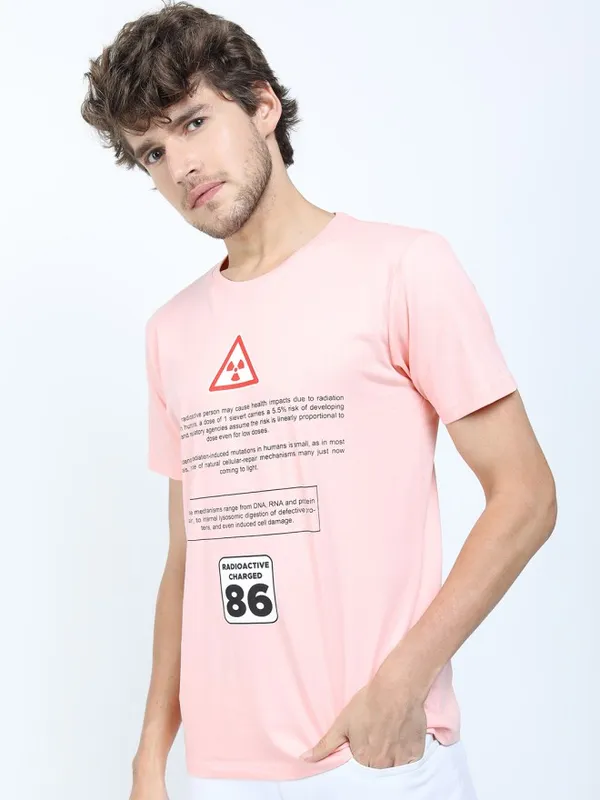 Highlander Men Pink Printed Round Neck Slim Fit T-Shirt