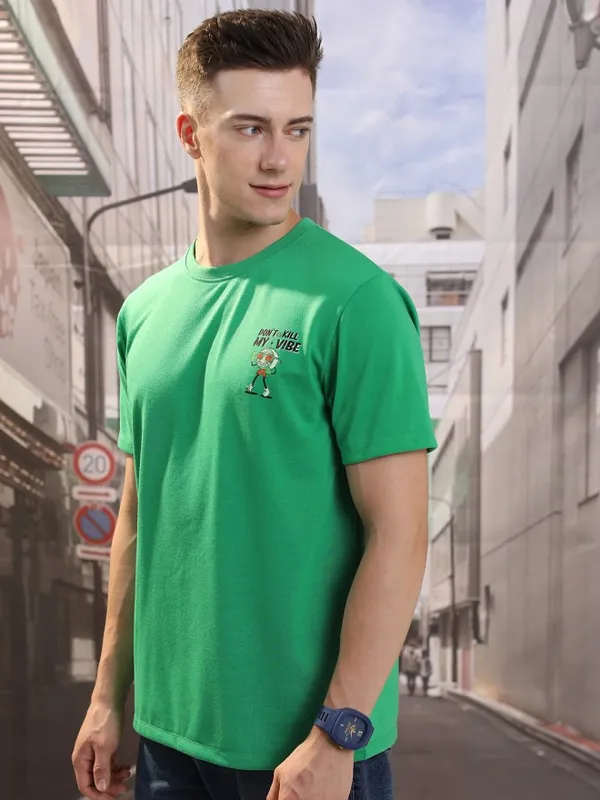 Highlander Men Green Printed Round Neck Relaxed Fit T-Shirt