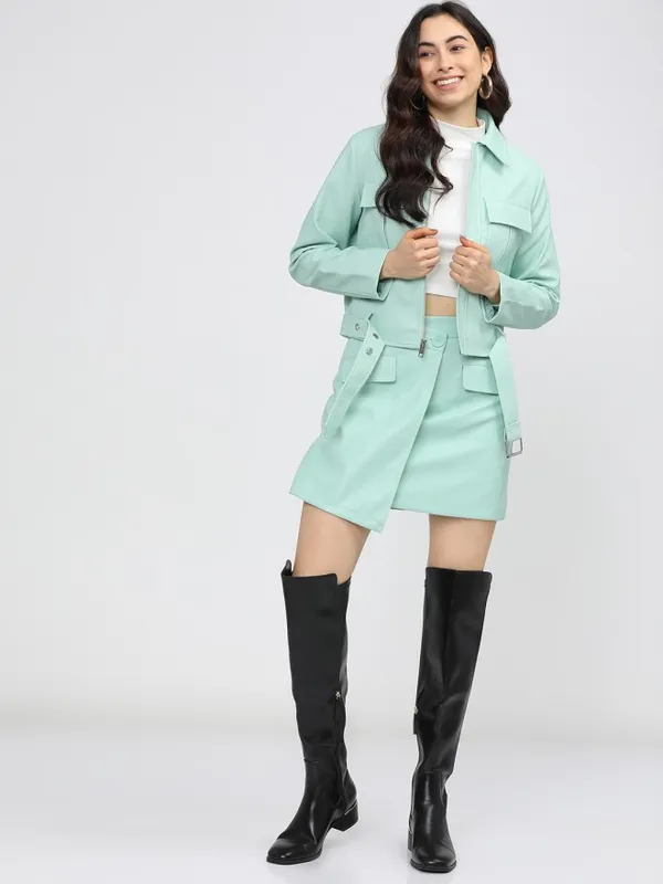 Tokyo Talkies Women Green Open Front Jacket
