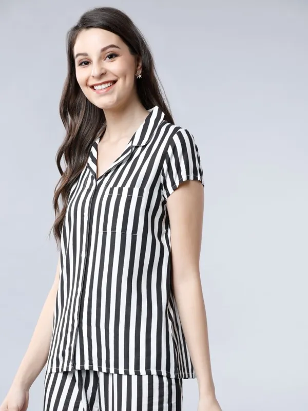 Tokyo Talkies Women Black Striped Casual Shirt