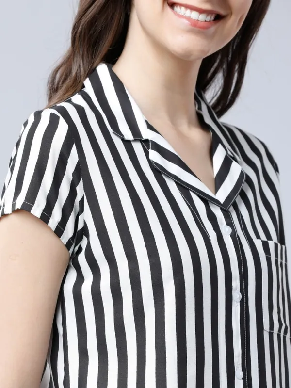 Tokyo Talkies Women Black Striped Casual Shirt