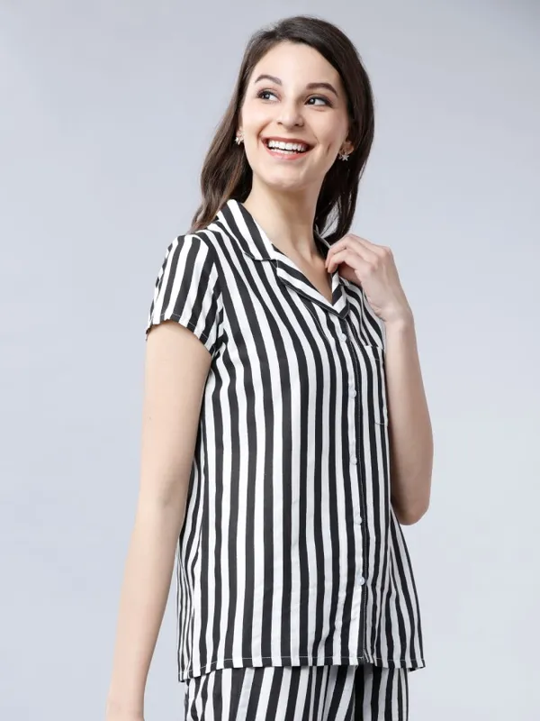 Tokyo Talkies Women Black Striped Casual Shirt