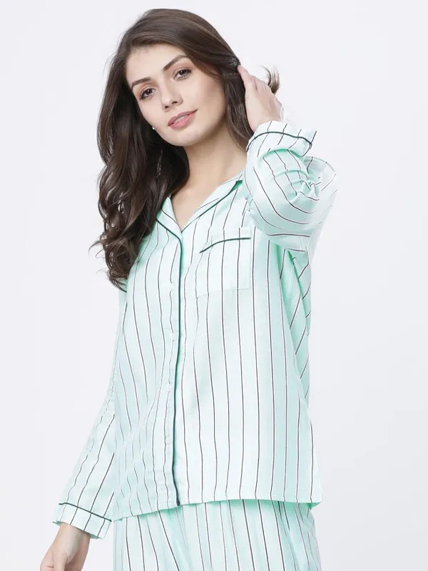 Tokyo Talkies Women Green Striped Regular Fit Casual Shirt