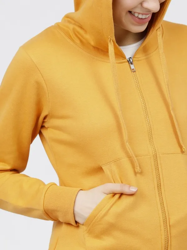 Tokyo Talkies Women Mustard Hooded Sweatshirt