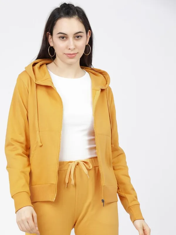 Tokyo Talkies Women Mustard Hooded Sweatshirt