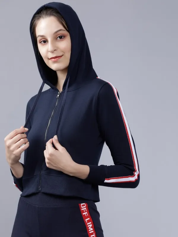 Tokyo Talkies Women Navy Blue Solid Pullover Hood Sweatshirt