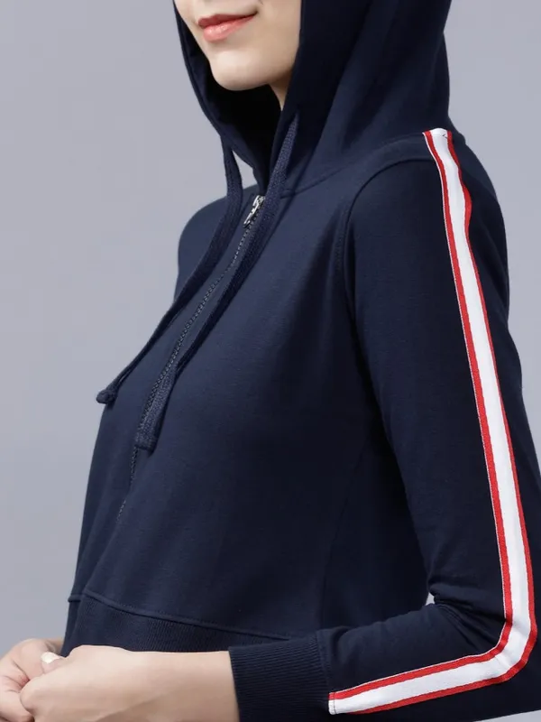 Tokyo Talkies Women Navy Blue Solid Pullover Hood Sweatshirt