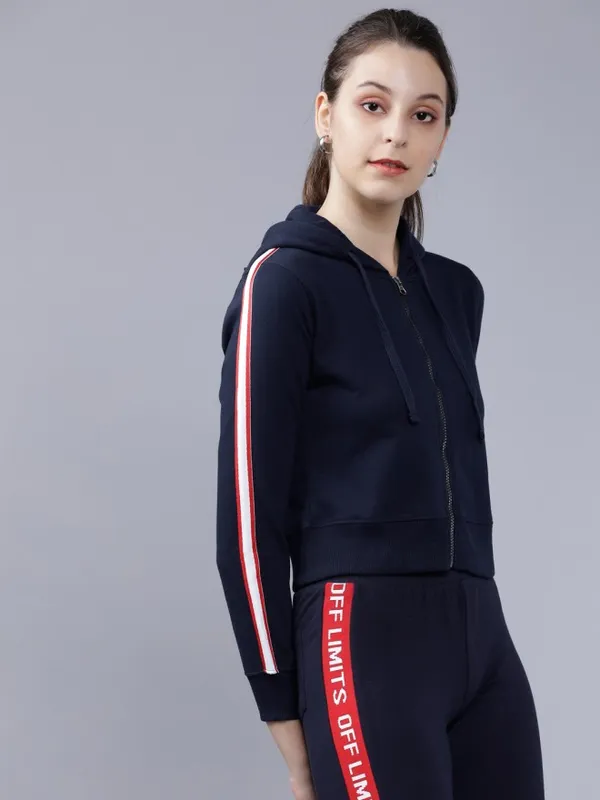 Tokyo Talkies Women Navy Blue Solid Pullover Hood Sweatshirt