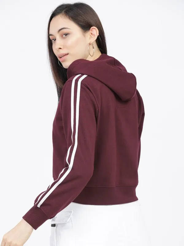 Tokyo Talkies Women Burgundy Solid Front Open Hood Sweatshirt