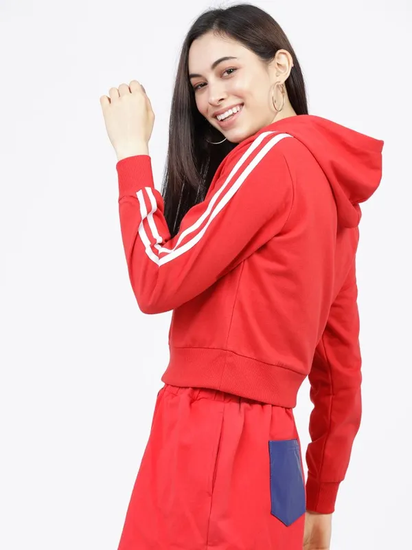 Tokyo Talkies Women Red Solid Pullover Hood Sweatshirt