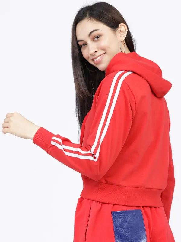 Tokyo Talkies Women Red Solid Pullover Hood Sweatshirt