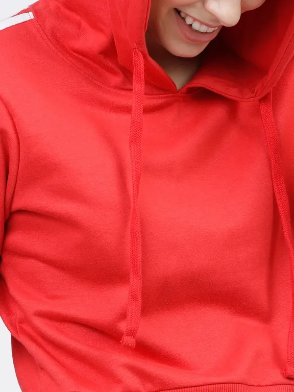 Tokyo Talkies Women Red Solid Pullover Hood Sweatshirt