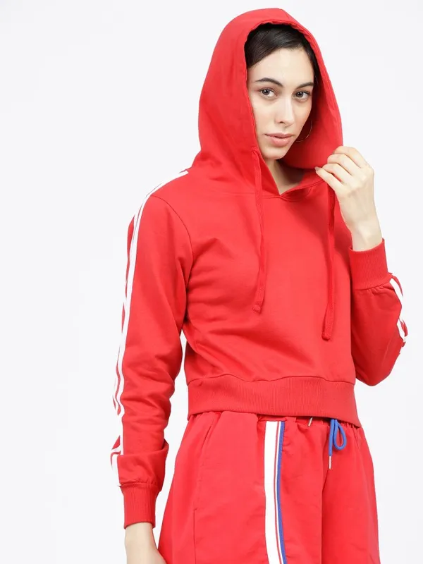 Tokyo Talkies Women Red Solid Pullover Hood Sweatshirt