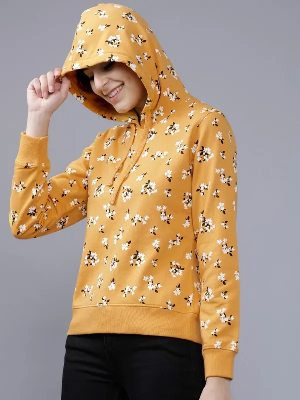 Tokyo Talkies Women Mustard Solid Pullover Hood Sweatshirt