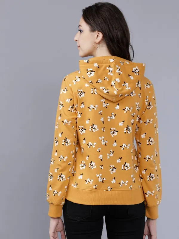 Tokyo Talkies Women Mustard Solid Pullover Hood Sweatshirt