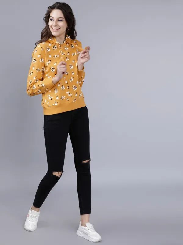 Tokyo Talkies Women Mustard Solid Pullover Hood Sweatshirt