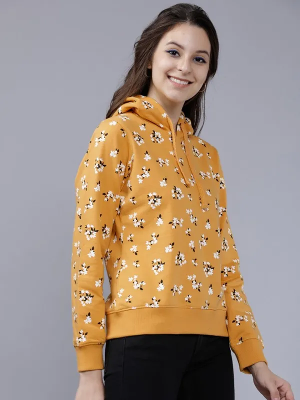 Tokyo Talkies Women Mustard Solid Pullover Hood Sweatshirt