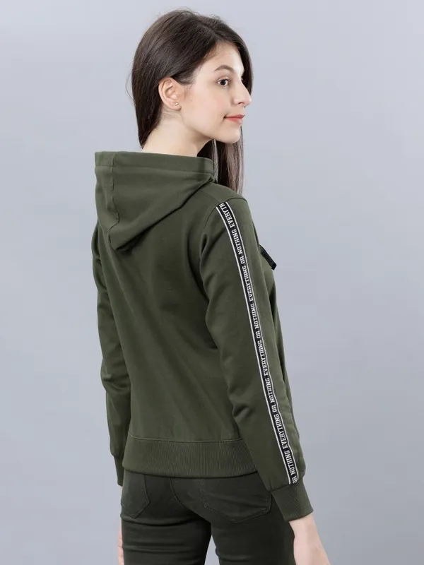 Tokyo Talkies Women Olive Solid Pullover Round Neck Sweatshirt