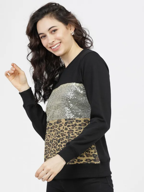 Tokyo Talkies Women Black Solid Pullover Round Neck Sweatshirt