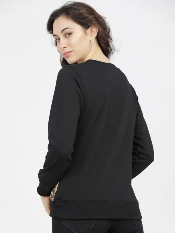 Tokyo Talkies Women Black Solid Pullover Round Neck Sweatshirt