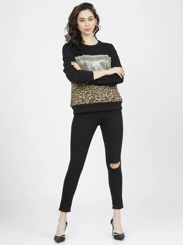 Tokyo Talkies Women Black Solid Pullover Round Neck Sweatshirt