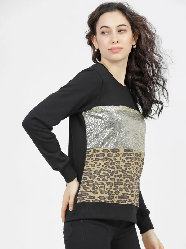 Tokyo Talkies Women Black Solid Pullover Round Neck Sweatshirt