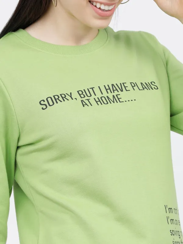 Tokyo Talkies Women Green Printed Pullover Round Neck Sweatshirt