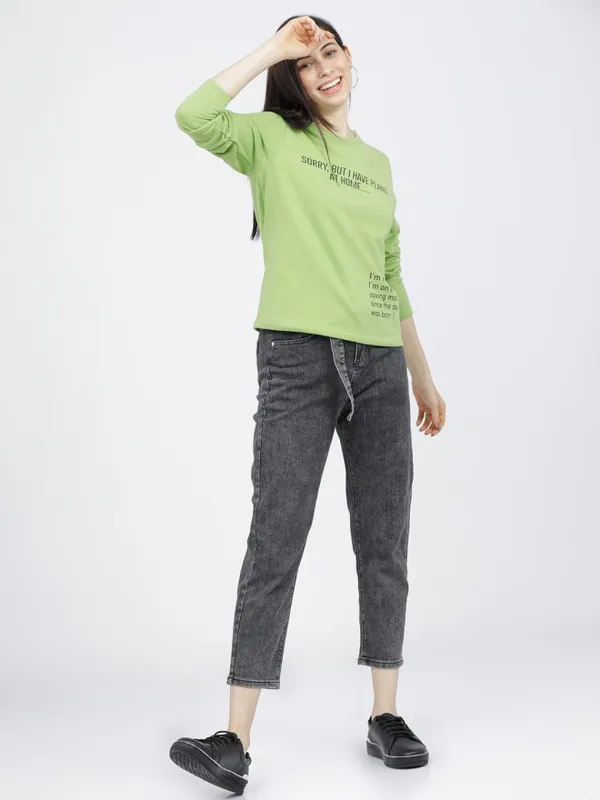 Tokyo Talkies Women Green Printed Pullover Round Neck Sweatshirt