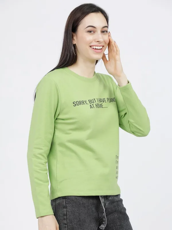 Tokyo Talkies Women Green Printed Pullover Round Neck Sweatshirt