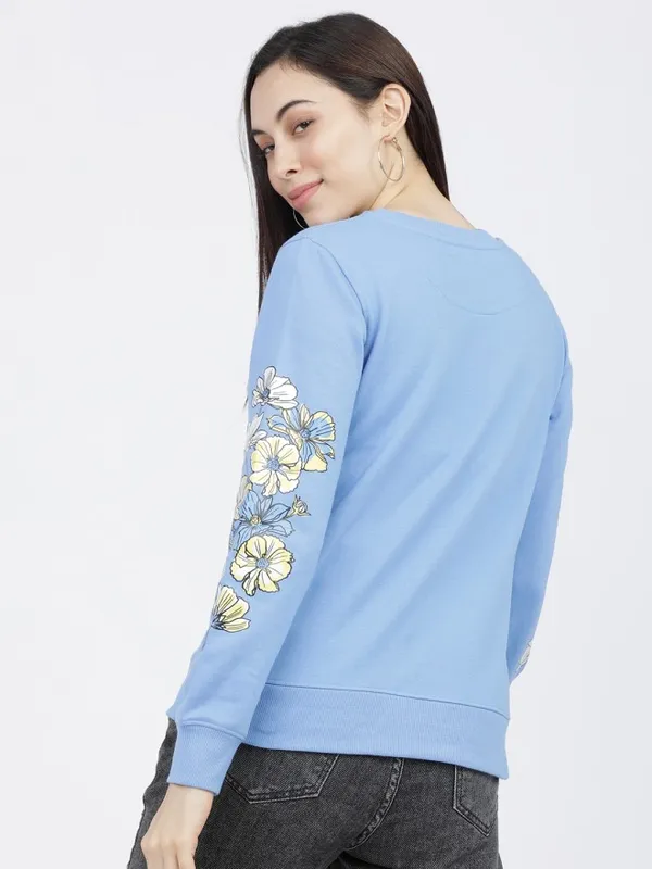 Tokyo Talkies Women Blue Embroidered Pullover Round Neck Sweatshirt