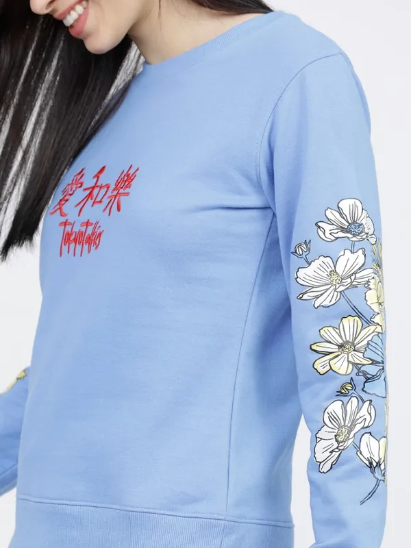 Tokyo Talkies Women Blue Embroidered Pullover Round Neck Sweatshirt