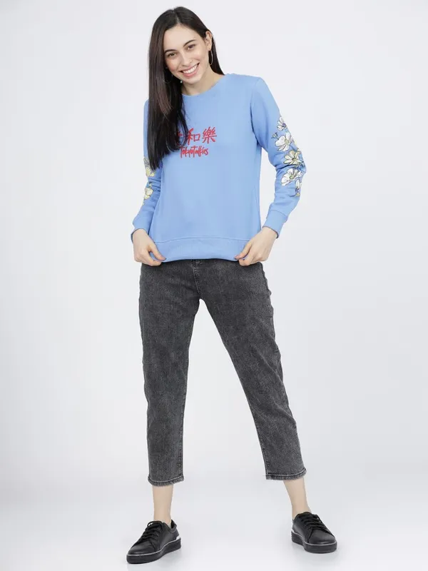 Tokyo Talkies Women Blue Embroidered Pullover Round Neck Sweatshirt