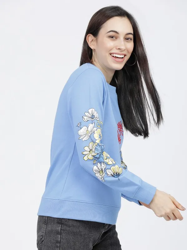 Tokyo Talkies Women Blue Embroidered Pullover Round Neck Sweatshirt
