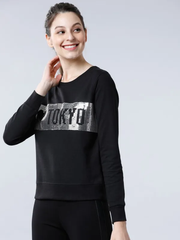 Tokyo Talkies Women Black Printed Pullover Round Neck Sweatshirt