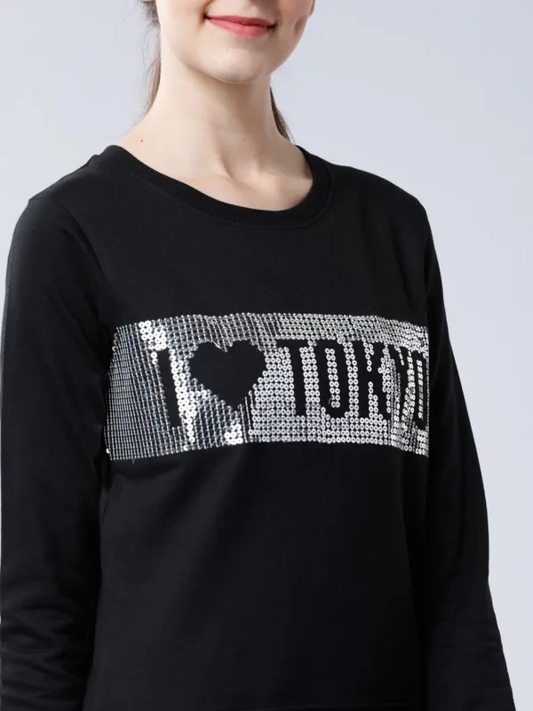 Tokyo Talkies Women Black Printed Pullover Round Neck Sweatshirt