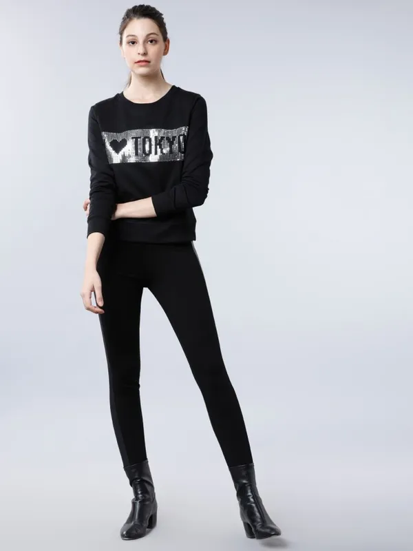 Tokyo Talkies Women Black Printed Pullover Round Neck Sweatshirt