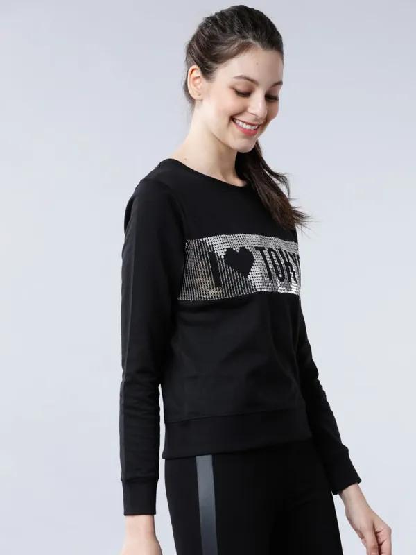 Tokyo Talkies Women Black Printed Pullover Round Neck Sweatshirt