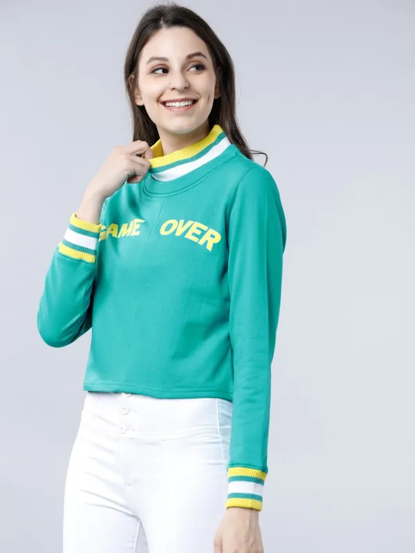 Tokyo Talkies Women Green Printed Pullover Round Neck Sweatshirt