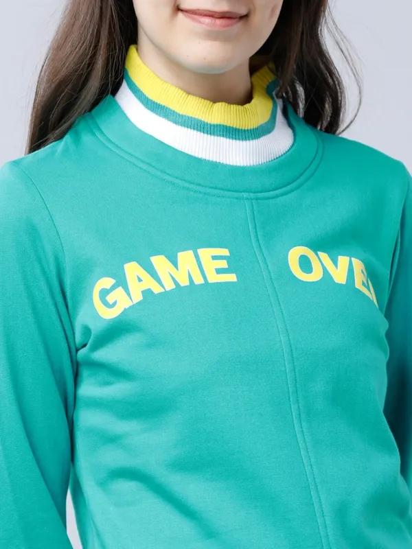 Tokyo Talkies Women Green Printed Pullover Round Neck Sweatshirt