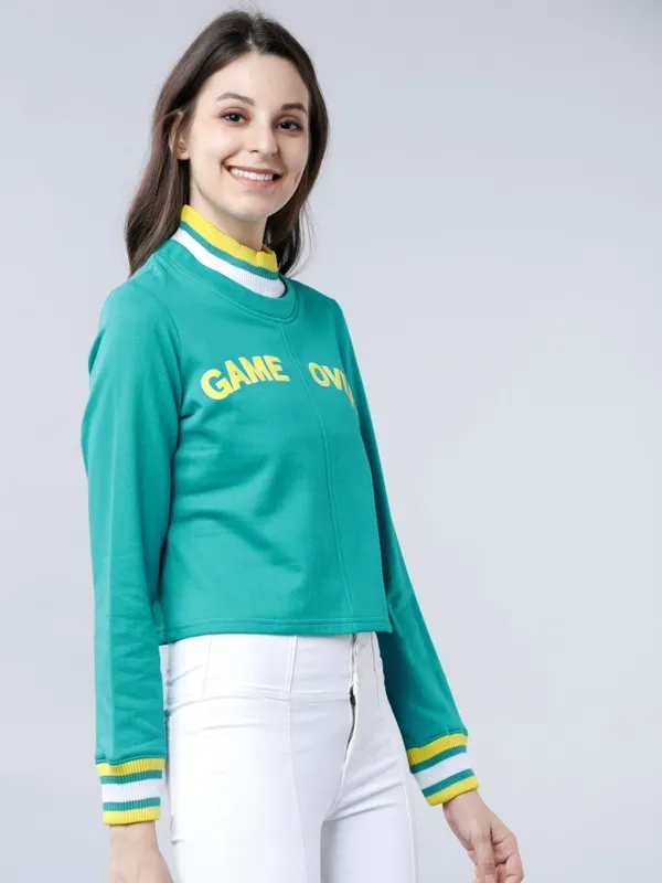 Tokyo Talkies Women Green Printed Pullover Round Neck Sweatshirt