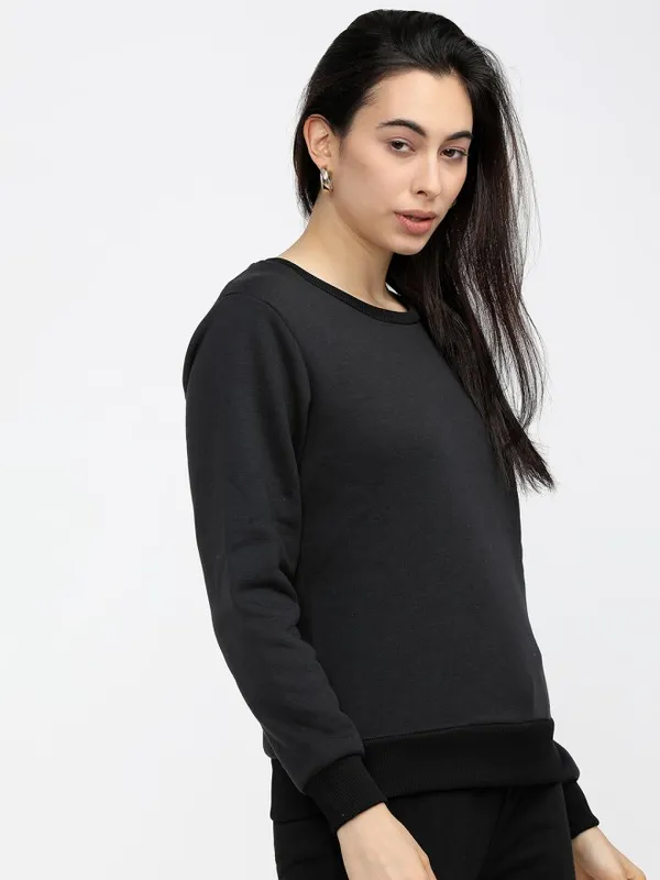 Tokyo Talkies Women Black Solid Pullover Round Neck Sweatshirt